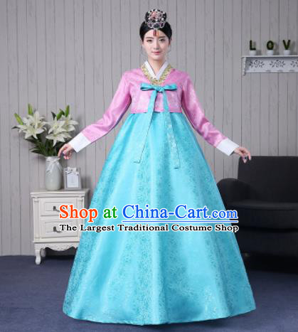 Traditional Korean Palace Costumes Asian Korean Hanbok Bride Pink Blouse and Blue Skirt for Women