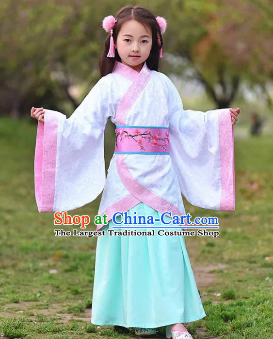 Chinese Ancient Han Dynasty Princess Costumes Traditional White Curving-Front Robe for Kids