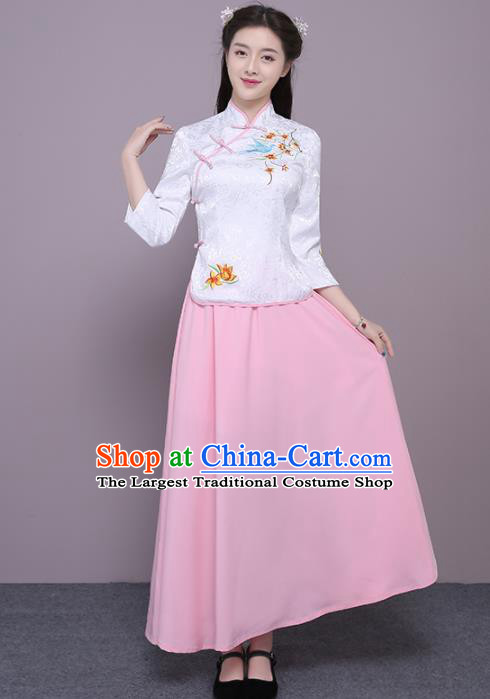 Chinese Ancient Bridesmaid Costumes Traditional Embroidered White Qipao Blouse and Pink Skirt for Women