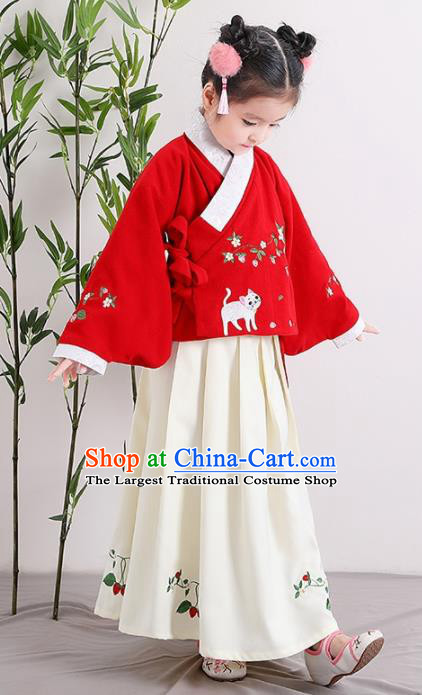 Chinese Ancient Ming Dynasty Children Costumes Traditional Red Blouse and Beige Skirt for Kids