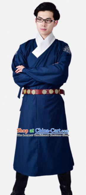 Chinese Ancient Swordsman Blue Clothing Traditional Ming Dynasty Buster Costume for Men