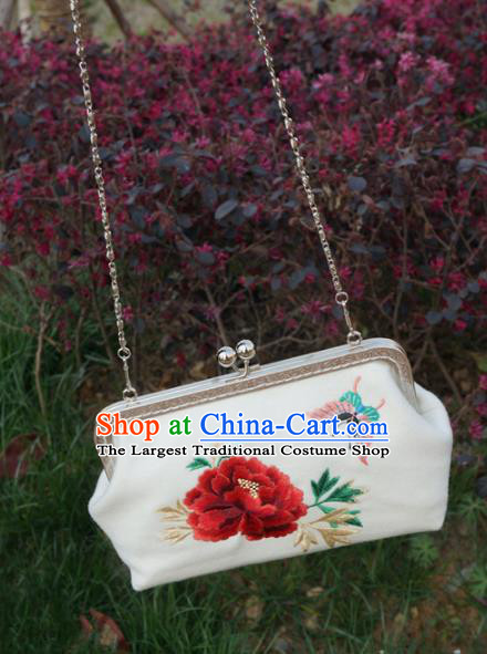 Traditional Chinese Embroidered Peony Bag Handmade White Silk Handbag for Women