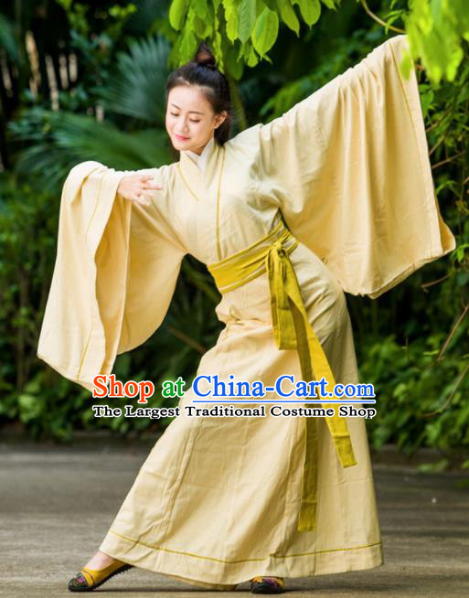 Traditional Chinese Han Dynasty Princess Costume Ancient Yellow Curving-Front Robe for Women