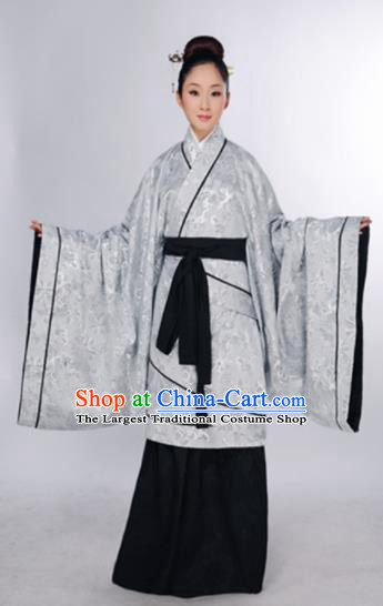 Traditional Chinese Han Dynasty Marquise Costume Ancient Princess Argent Curving-Front Robe for Women