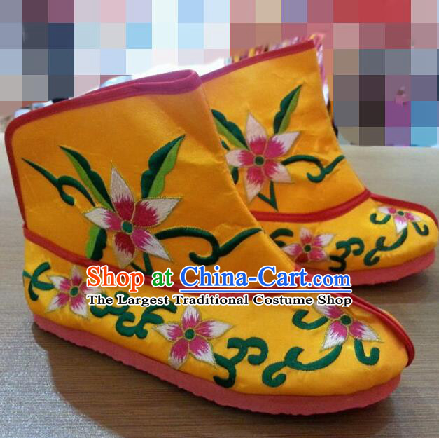 Traditional Chinese Beijing Opera Shoes Embroidered Yellow Boots for Men