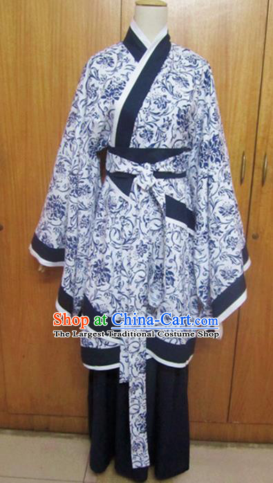 Traditional Chinese Han Dynasty Dance Blue Curving-Front Robe Ancient Princess Costume for Women