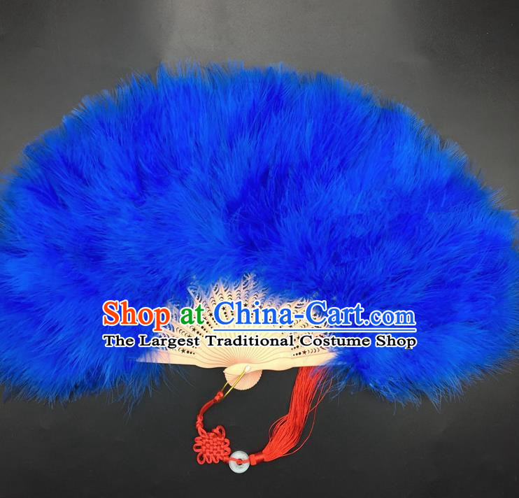 Traditional Chinese Crafts Royalblue Feather Folding Fan China Folk Dance Feather Fans