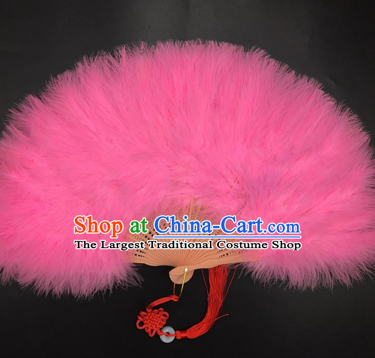 Traditional Chinese Crafts Pink Feather Folding Fan China Folk Dance Feather Fans