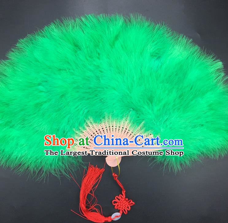 Traditional Chinese Crafts Green Feather Folding Fan China Folk Dance Feather Fans