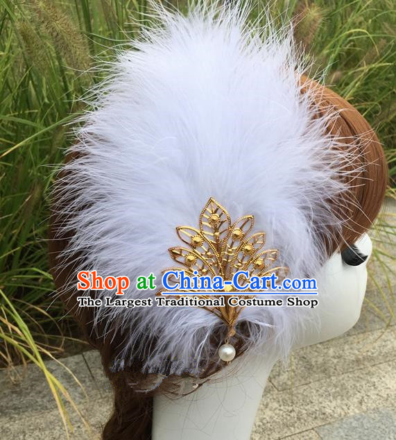 Traditional Chinese Bride Hair Accessories Folk Dance White Feather Hair Stick for Kids