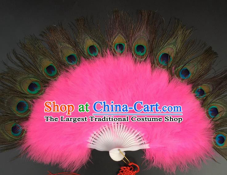 Traditional Chinese Crafts Peacock Feather Folding Fan China Folk Dance Pink Feather Fans