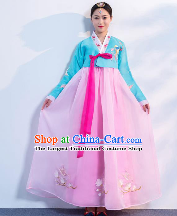 Top Grade Korean Traditional Costumes Asian Korean Hanbok Bride Blue Blouse and Pink Skirt for Women