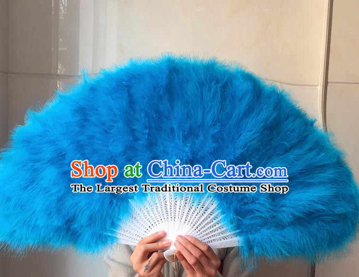 Traditional Chinese Crafts Folding Fan China Folk Dance Blue Feather Fans