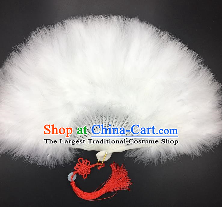 Traditional Chinese Crafts White Feather Folding Fan China Folk Dance Feather Fans