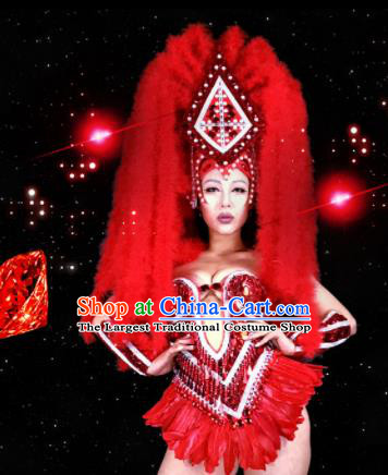 Professional Stage Performance Costume Halloween Cosplay Red Feather Clothing and Headwear for Women