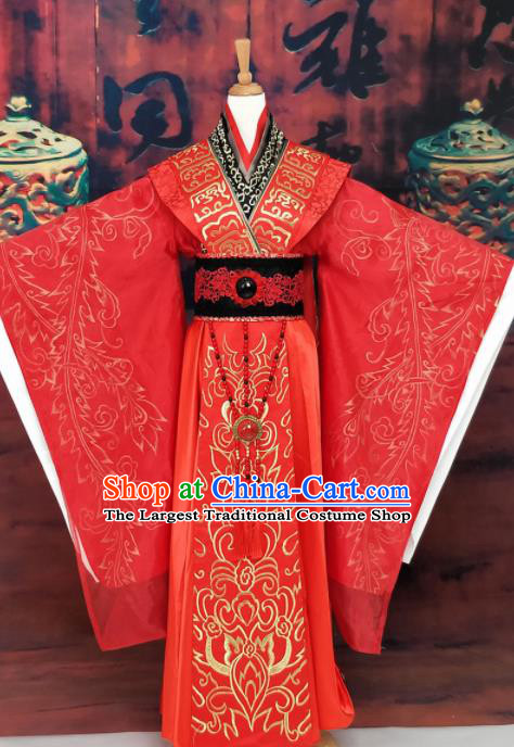 Chinese Han Dynasty Queen Wedding Embroidered Costume Ancient Empress Red Hanfu Dress for Women