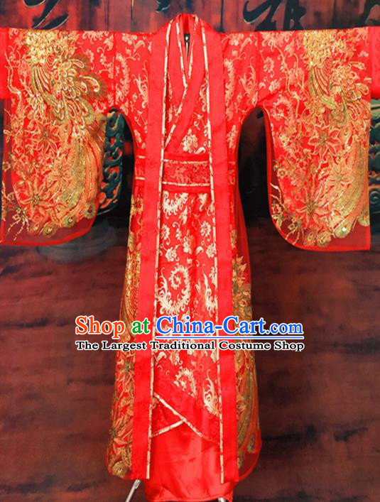 Chinese Han Dynasty Empress Embroidered Wedding Costume Ancient Bride Red Hanfu Dress for Women
