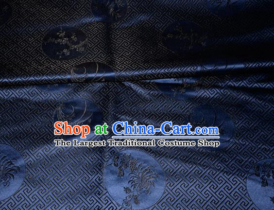 Chinese Traditional Silk Fabric Plum Blossom Orchid Bamboo Chrysanthemum Pattern Tang Suit Navy Brocade Cloth Cheongsam Material Drapery