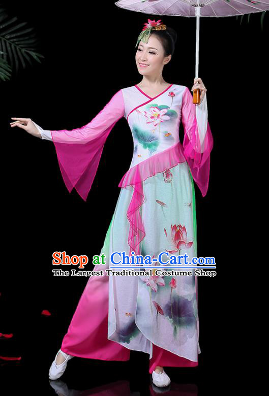 Chinese Classical Dance Printing Lotus Pink Dress Traditional Folk Dance Fan Dance Clothing for Women