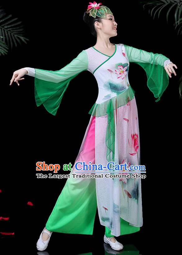 Chinese Classical Dance Printing Lotus Green Dress Traditional Folk Dance Fan Dance Clothing for Women