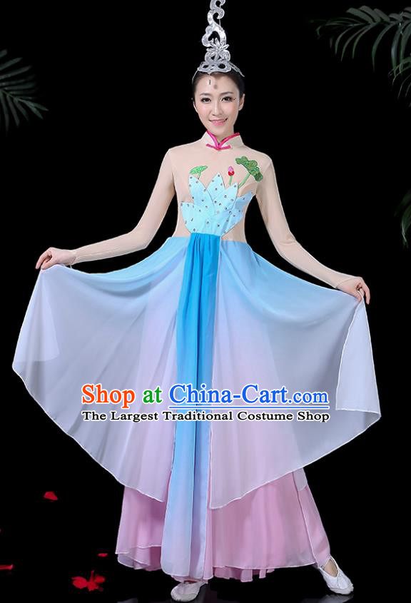 Chinese Classical Dance Lotus Dance Blue Dress Traditional Folk Dance Fan Dance Clothing for Women