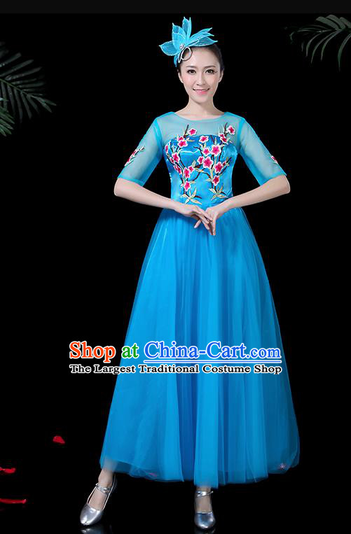 Professional Modern Dance Costume Stage Performance Chorus Blue Veil Dress for Women