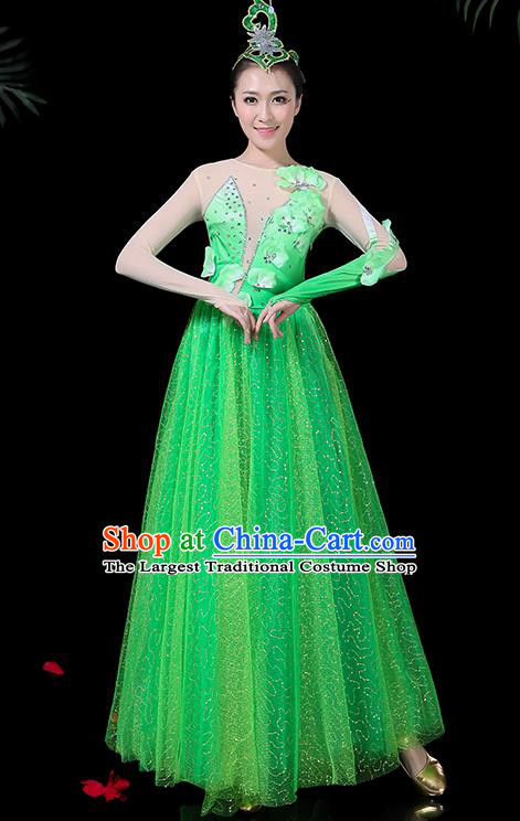 Chinese Classical Dance Green Long Dress Traditional Folk Dance Fan Dance Clothing for Women