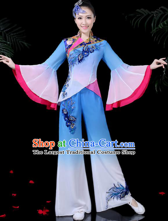 Chinese Classical Dance Blue Costume Traditional Yangko Folk Dance Fan Dance Clothing for Women