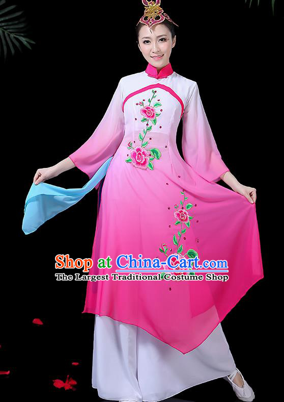Chinese Classical Dance Umbrella Dance Costume Traditional Fan Dance Rosy Dress for Women