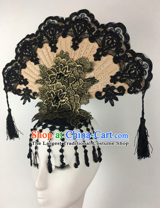Top Halloween Black Lace Tassel Hair Accessories Stage Show Chinese Traditional Catwalks Headpiece for Women