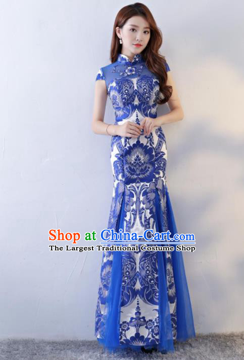 Chinese Traditional Qipao Dress Classical Costume Blue Veil Cheongsam for Women