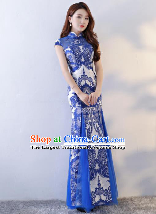 Chinese Traditional Qipao Dress Classical Costume Blue Veil Cheongsam for Women