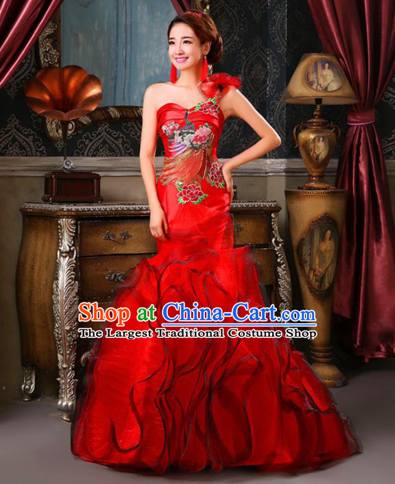 Chinese Traditional Qipao Dress Classical Costume Red Full Dress for Women