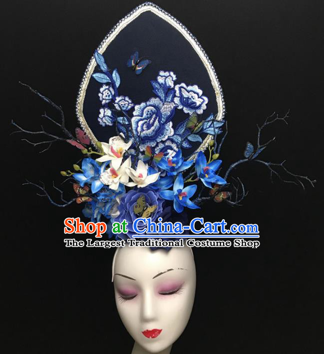 Chinese Stage Show Embroidered Peony Blue Hair Accessories Traditional Catwalks Palace Headdress for Women