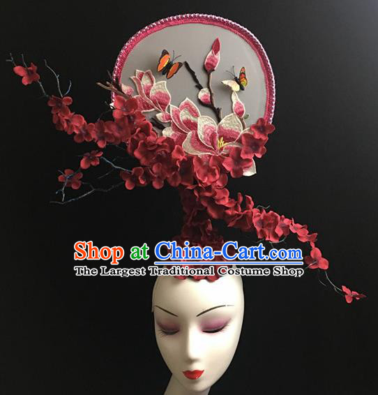 Chinese Stage Show Red Flowers Hair Accessories Traditional Catwalks Palace Headdress for Women