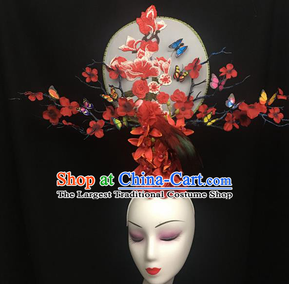 Chinese Stage Show Embroidered Red Hair Accessories Traditional Catwalks Palace Headdress for Women