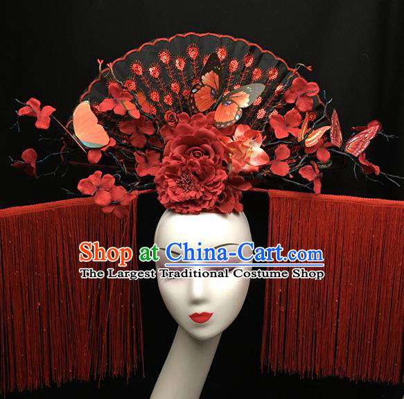 Chinese Stage Show Red Peony Tassel Hair Accessories Traditional Catwalks Palace Headdress for Women