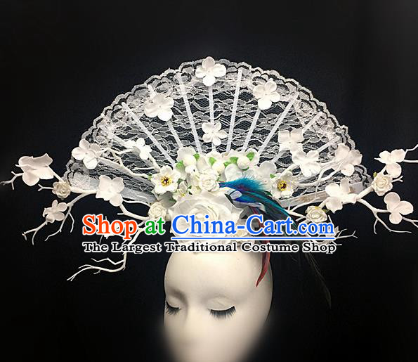 Chinese Stage Show White Lace Peony Hair Accessories Traditional Catwalks Palace Headdress for Women