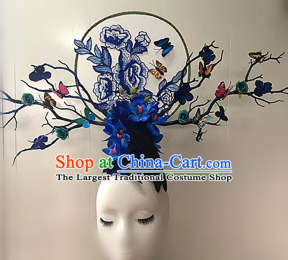 Chinese Stage Show Blue Peony Hair Accessories Traditional Catwalks Palace Headdress for Women