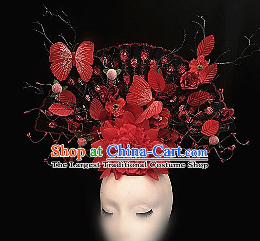 Chinese Stage Show Red Butterfly Peony Hair Accessories Traditional Catwalks Palace Headdress for Women