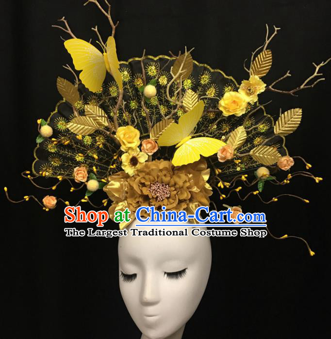 Chinese Stage Show Yellow Butterfly Peony Hair Accessories Traditional Catwalks Palace Headdress for Women