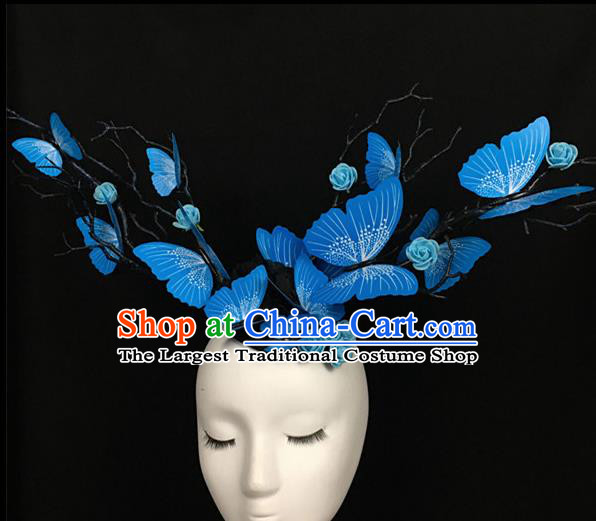 Top Brazilian Carnival Stage Show Headpiece Halloween Catwalks Blue Butterfly Hair Accessories for Women