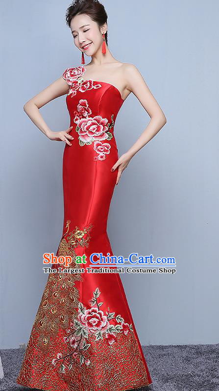 Chinese Traditional Embroidered Peony Red Qipao Dress Classical Costume Elegant Cheongsam for Women