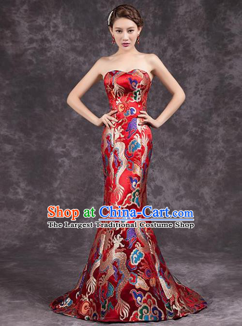 Chinese Traditional Costume Classical Qipao Dress Elegant Embroidered Dragon Red Cheongsam for Women
