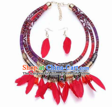 Handmade Red Feather Necklace Stage Show Necklet and Earrings Accessories for Women