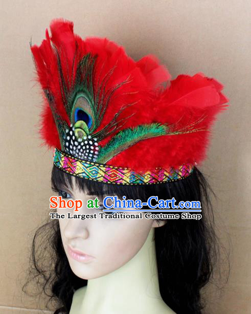 Top Rio Carnival Dance Hair Accessories Primitive Tribe Apache Knight Red Feather Headwear for Adults