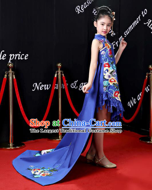 Children Modern Dance Costume Opening Dance Compere Catwalks Royalblue Qipao Dress for Girls Kids