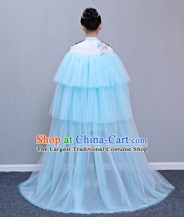 Children Modern Dance Costume Court Dance Compere Blue Veil Full Dress for Girls Kids