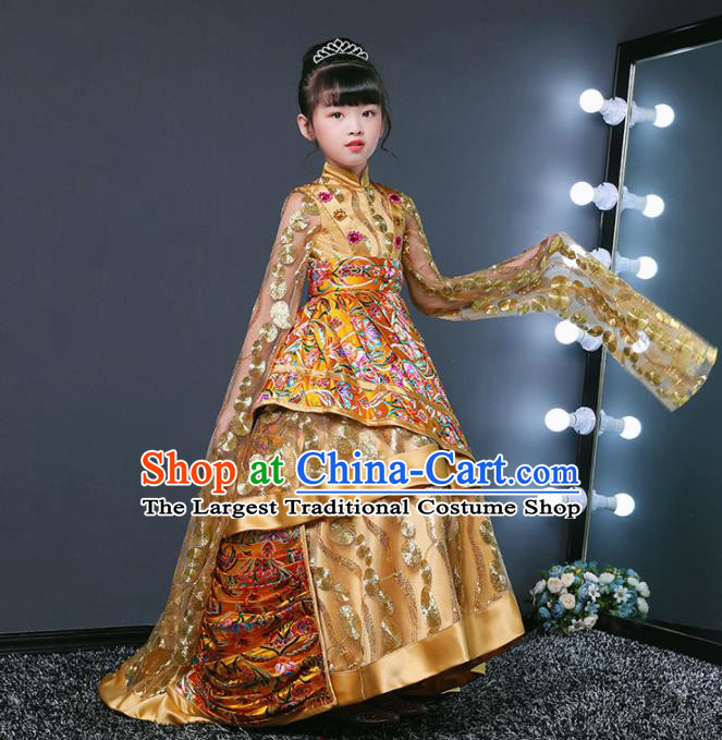 Children Modern Dance Costume Opening Dance Compere Catwalks Performance Golden Full Dress for Girls Kids