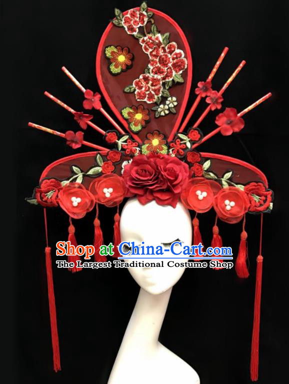 Top Chinese Stage Show Red Flowers Tassel Hair Accessories Halloween Fancy Dress Ball Headdress for Women